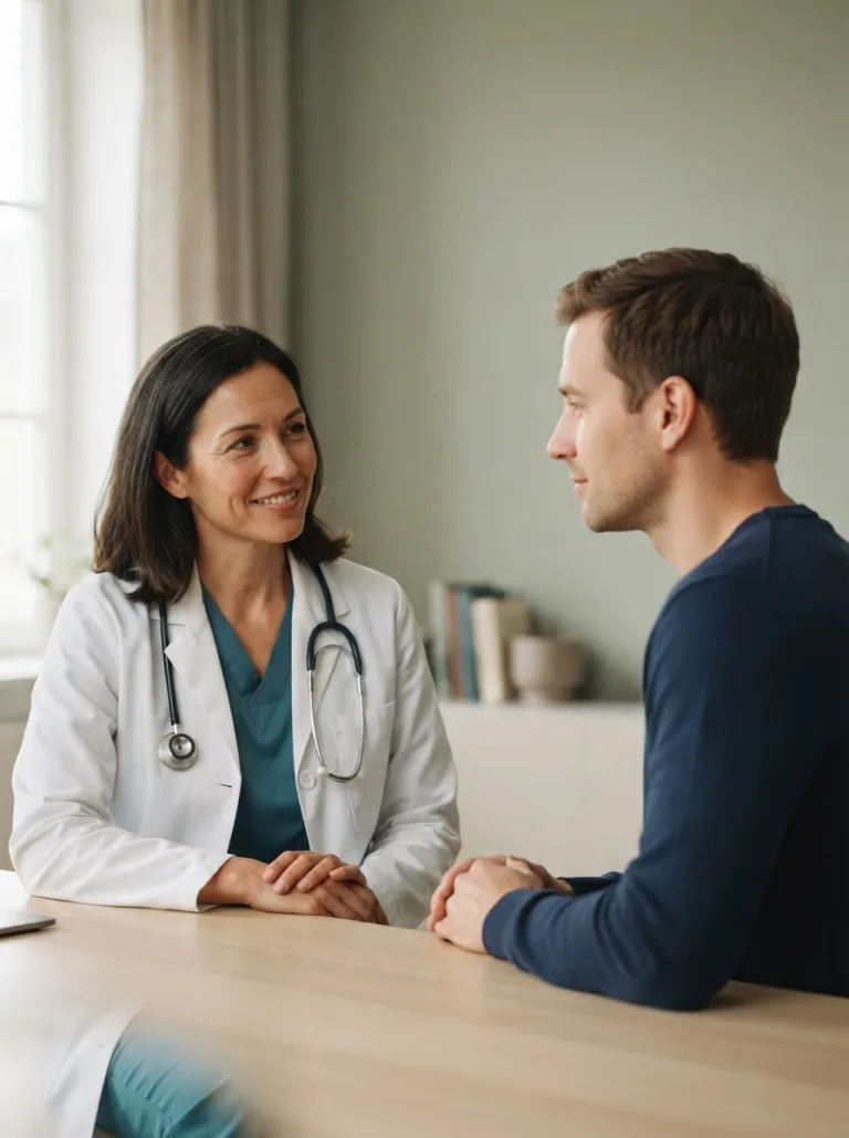 An attractive illustrative unnamed woman physician around 32 to 40 and one anonymous adult man visitor listens attentively during a calm seated consultation-style conversation